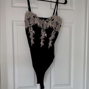 Haute Monde Black Bodysuit with Lace Detail - Size Large, NEVER WORN